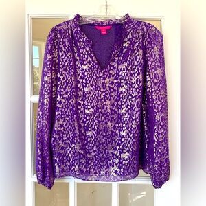 Lilly Pulitzer Gianna Silk Top Concord Purple Wildside Metallic Clip Size 2